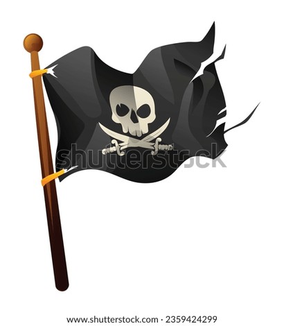 Pirate flag with skull and crossbones. Tattered pirate flag vector cartoon illustration