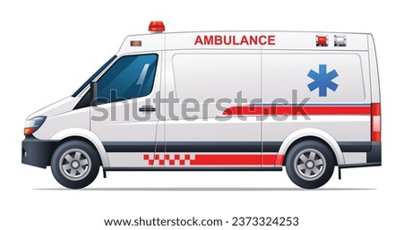 Ambulance car side view vector illustration. Emergency medical service vehicle isolated on white background