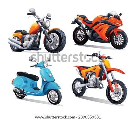 Motorcycle set vector cartoon illustration. Chopper, sport bike, scooter, motocross isolated on white background