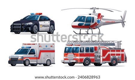 Set of emergency vehicles. Police car, fire truck, ambulance car and helicopter. Official emergency service vehicles vector illustration