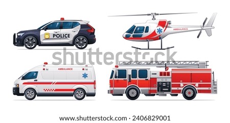 Set of emergency vehicles. Police car, fire truck, ambulance car and helicopter. Official emergency service vehicles side view vector illustration