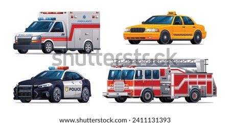 Set of emergency vehicles. Ambulance, taxi, police car and fire truck. Official emergency service vehicles vector illustration