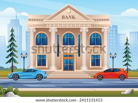 Bank building with cars on cityscape background. Vector cartoon illustration