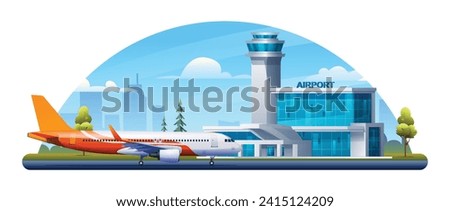 International airport building with airplane, terminal, gate and runway on cityscape. Vector cartoon illustration