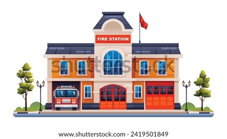 Fire station building with fire truck illustration. Fire department office vector isolated on white background