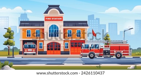 Fire station building with fire trucks on cityscape background. Vector cartoon illustration