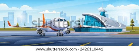 International airport building with airplane, terminal, gate, runway and city landscape. Vector cartoon illustration