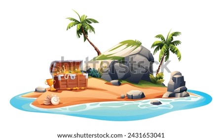 Tropical island with open treasure chest, palm trees and rocks. Vector cartoon illustration isolated on white background