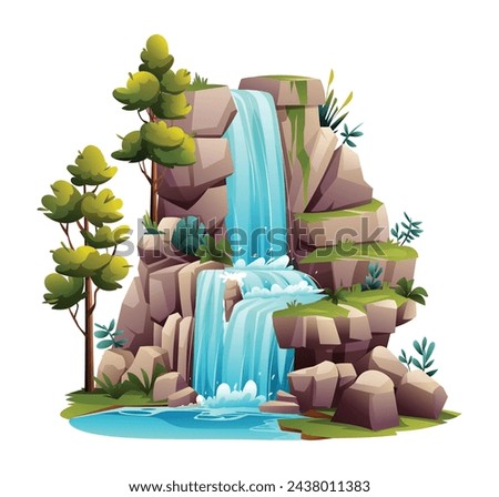 Cascade waterfall illustration. Vector cartoon isolated on white background