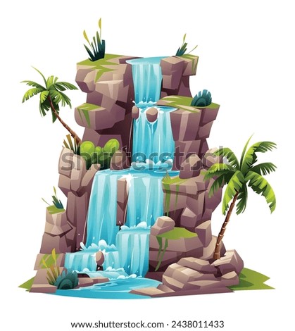 Tropical waterfall cascade illustration. Vector cartoon isolated on white background