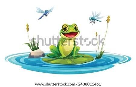 Frog sitting on a leaf in the pond with dragonflies. Vector cartoon illustration isolated on white background