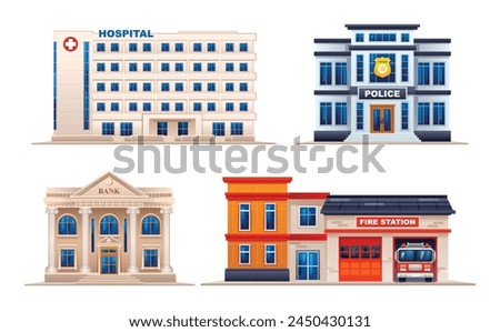 Set of city buildings. Hospital, police station, bank and fire station. Vector illustration