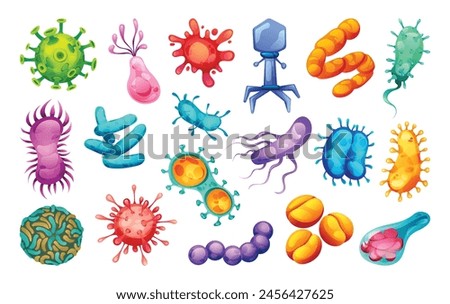 Set of bacteria, viruses and germs. Microscopic cell illness, bacterium and microorganism. Vector illustration