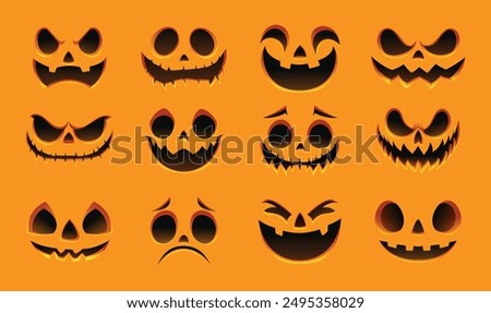 Similar – Image, Stock Photo Halloween pumpkin with smiling face on reflective background, four teeth. Light that illuminates the pumpkin from inside