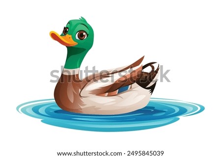 Cartoon duck floating on water. Vector illustration isolated on white background