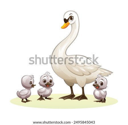 Mother swan with three baby swans standing on grass. Vector cartoon illustration