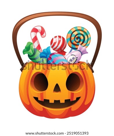 Halloween pumpkin candy bucket with carved face, filled with candies and treats. Vector cartoon illustration