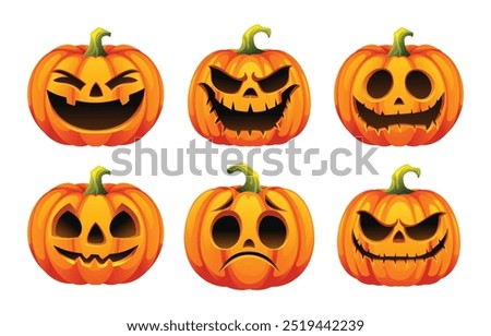 Set of Halloween pumpkins with variety of expressions. Vector cartoon illustration