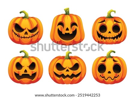 Collection of carved pumpkins with various scary and funny expressions, perfect for Halloween themes. Vector cartoon illustration