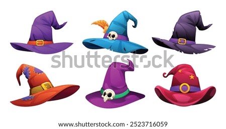 Set of various witch hats with feathers, skulls, and patterns. Vector cartoon illustration