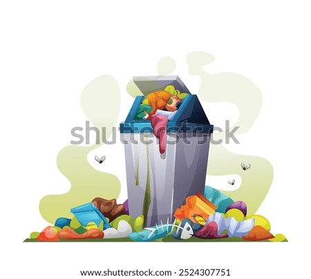 Trash bin full of waste and surrounded by garbage bags and litter, emitting a bad smell. Vector cartoon illustration