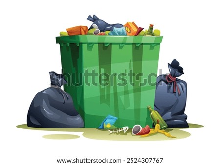 Garbage filled dumpster with trash bags and scattered litter on the ground around it. Vector cartoon illustration