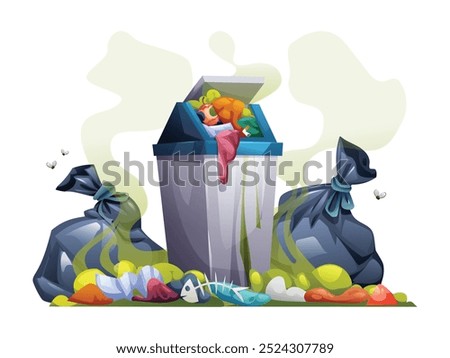 Overflowing trash bin with garbage bags, food waste, and flies around. Vector cartoon illustration