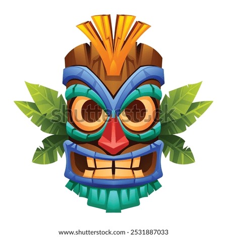 Tribal tiki mask with leaves and wide grin. Vector cartoon illustration