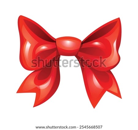 Red bow with sharp edged tails and glossy shine, suitable for gifts or decoration. Vector cartoon illustration