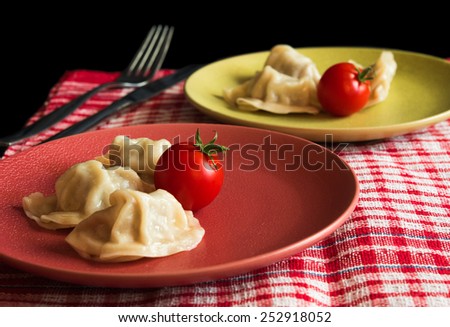 Chinese jiaozi with tomato on green and red plates. Red and white table-cloth and black background