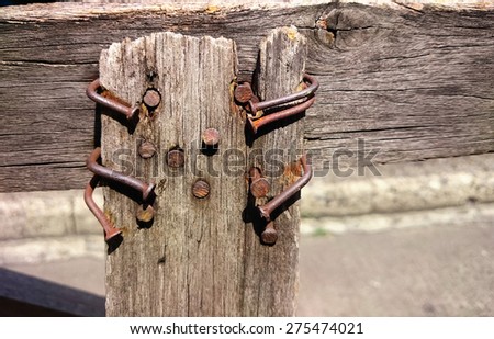 Nails in wood. background is a cement floor / Nails in wood/ Nails in wood. Outdoor view (nail, metal, construction)