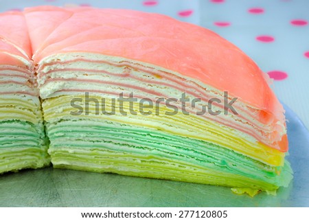 Rainbow vanilla crepe cake. Close up /Rainbow vanilla crepe cake / Rainbow crepe cake. used for background (cake, dessert, vanilla)