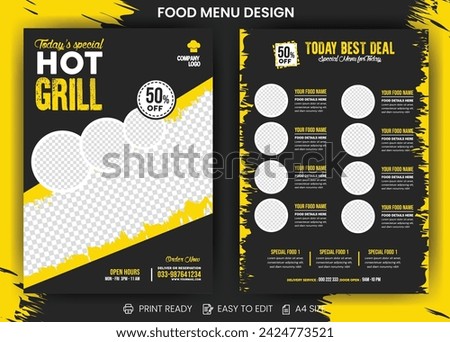pizza, hot grill or spicy food and barbecue bbq party Fast Food Flyer Design Template cafe and ordering, junk food. Pizza, Burger, French fries flyer templet in vector files.