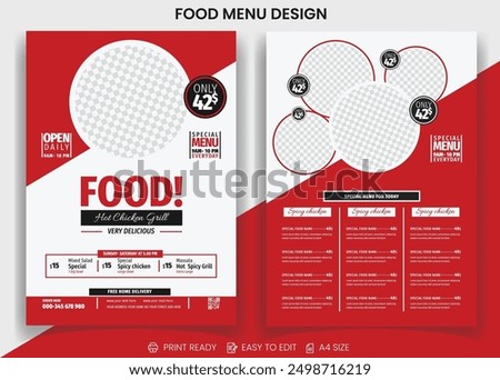 Chicken hot grill, pizza or spicy food, barbecue bbq party Fast Food Flyer Design or menu card Template, cafe and ordering, junk food. Pizza, Burger, french fries food menu vector files.