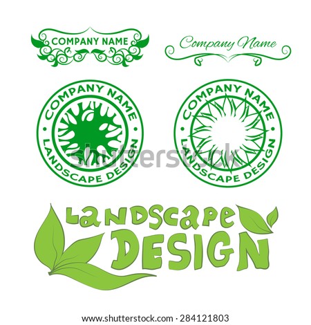 Set of logos and labels: landscape design. Collection symbols with leafs and trees. Vintage floral signs with curls. Doodle inscription: landscape design.