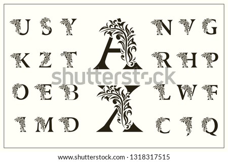 Set of Floral Capital Letters. Vintage Logos. Filigree Monograms. Beautiful Collection. English Alphabet. Simple Drawn Emblems. Graceful Style. Design of Calligraphic Insignia. Vector Illustration Stock fotó © 