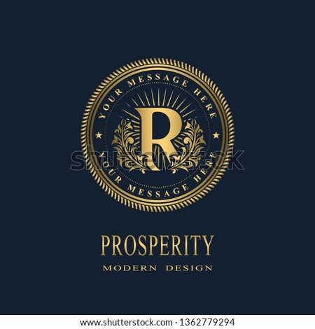 Letter R in the Sunlight. Coat of Arms with a Floral Wreath. Art Logo Design. Luxurious Monogram for Personal or Family Emblem, Business Sign, Wedding, Boutique, Hotel, Restaurant. Vector illustration