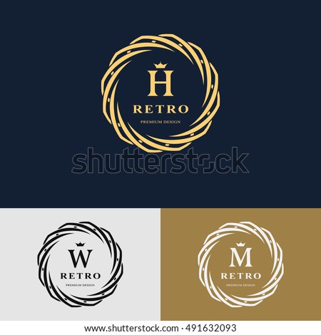 Emblem of woven circle. Monogram design element, graceful template. Simple logo design Letter H, W, M for Royalty, business card, Boutique, Hotel, Heraldic, Web design. Vector illustration