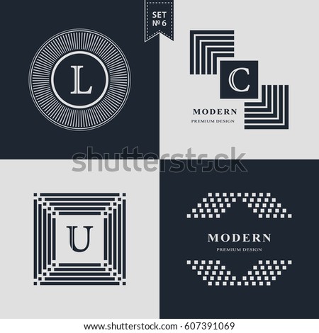 Logos Design Templates Set. Logotypes elements collection, Icons Symbols, Retro Labels, Badges, Silhouettes. Abstract logo, Letter L, C, U emblems. Premium Collection. Vector illustration