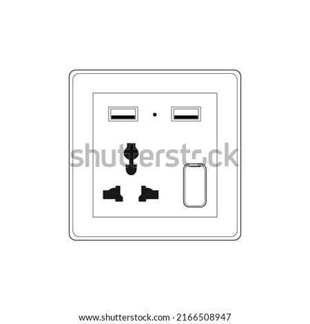 International Universal Socket Multi-Function 3 Holes Plug Outlet Panel Wall Power Socket with Dual Usb with Switch, Outline style Vector illustration