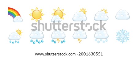 Set of Modern Weather Forecast Icons with rainbow, cloud, sun, rain, snow, lightning, hail.  Weather Forecast Icons isolated on white background.
