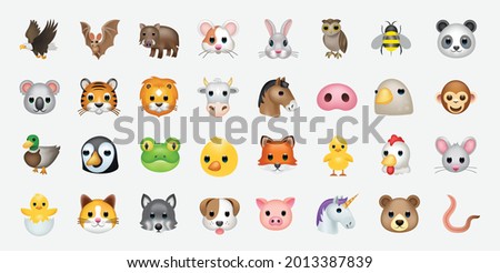 Set of animal faces, face emojis, stickers, emoticons. 
