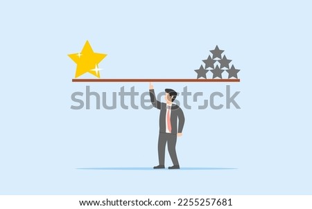 QUALITY AND QUANTITY. BUSINESSMAN TRYING TO BALANCE QUALITY AND QUANTITY, SYMBOLIZED AS BRIGHT STAR AND GREY STARS. 