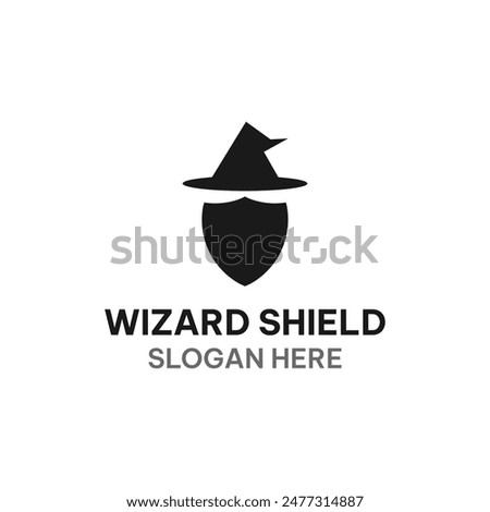 Wizard shield logo template in flat style. Witch hat and shield vector illustration