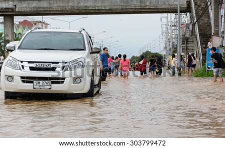 CHIANG RAI, THAILAND - AUGUST 6: Heavy flooding from monsoon rain in Chiang rai and north of Thailand arriving in Mae Fah Luang suburbs on August 6, 2015 in Chiang rai, Thailand.