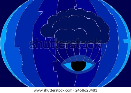 Jet lag, illustrated by image implying brain pulling eyelashes, preventing eye to close, with globe image and time zone lines in background