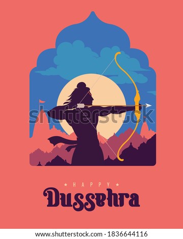 Happy Dussehra text with an illustration of Lord Rama bow arrow and temple background for Indian festival Dussehra