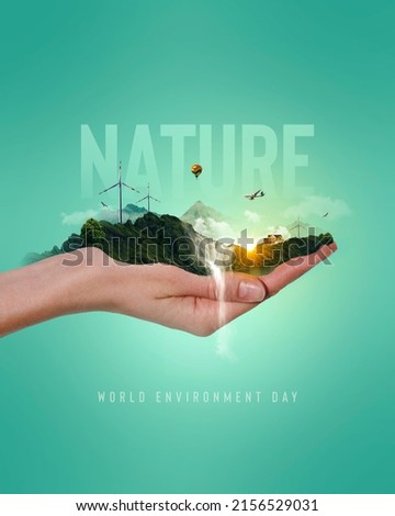 World environment day text with a hand and nature landscape creative concept image manipulation.  商業照片 © 