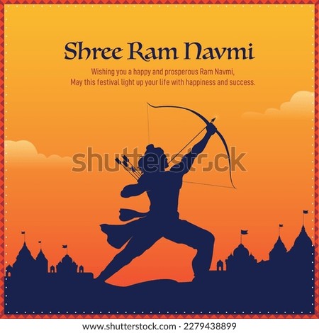 Illustration of Lord Ram bow arrow and temple background for Indian festival Ram Navmi.