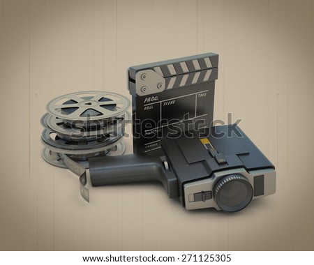 Movie camera, movie clapper and film reel on a retro background. 3d illustration.
